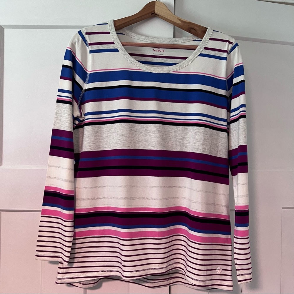 Talbots Women's Long Sleeve Top - Blue, Pink, White Stripes, Size X